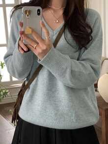 DAZY 女款V領長袖純色套頭毛衣 - 淺藍色 - 查看 1