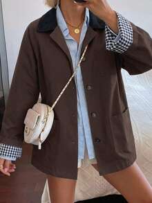 DAZY Women's Casual Colorblock Trench Coat, Regular Fit Autumn Jacket - Brown - View 2