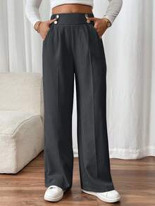 SHEIN PETITE CURVE Plus Size Women's Double Buckle Straight Leg Elegant Casual Commuter Pants Office Formal Grey Autumn - Dark Grey - View 3