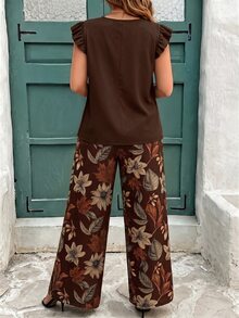 EMERY ROSE Plus Size Women's Casual Vacation Top With Ruffle Flutter Sleeves, Paired With All-Over Floral Print Wide Leg Pants - Brown - View 2