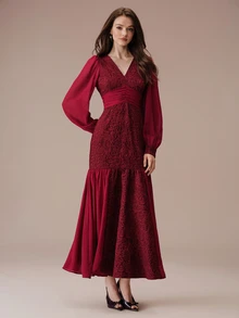 BELROSIE Elegant Mature Style V-Neck Jacquard Patchwork Pearl Chiffon Bodycon Long Dress For Women Wedding Cocktail Dinner Burgundy Fall Christmas - Red - View 7