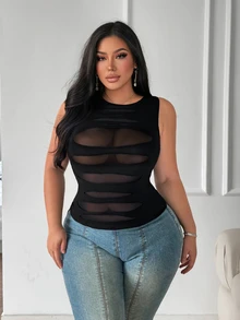 SHEIN SXY Plus Size Women Solid Color Contrast Mesh Fitted Sexy Tank Top - Black - View 3
