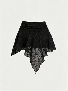 Sweetra Women's New Fashion Versatile Asymmetric Slanted Hem Design Lace Pleated Low Waist Asymmetrical Skirt - Black - View 3