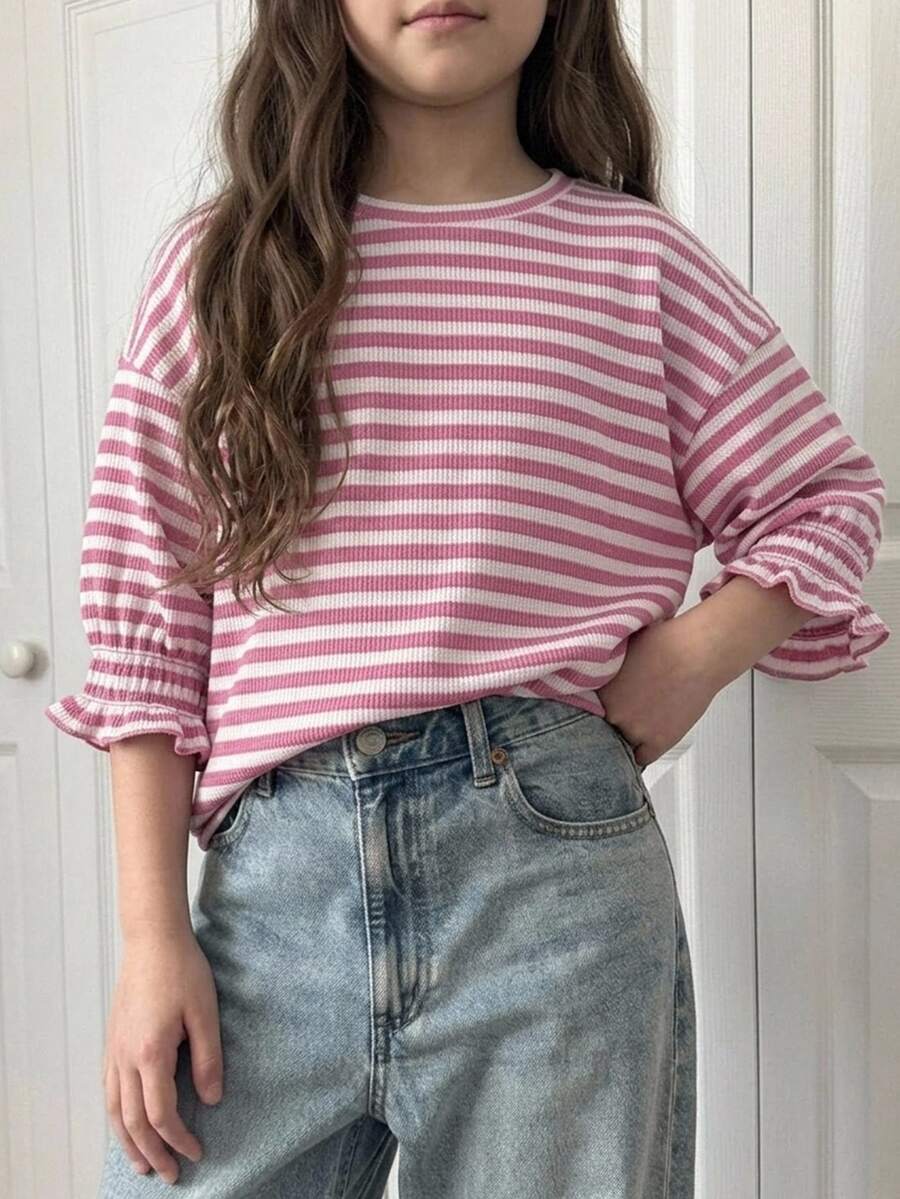 DAZY Tween Girl) Apricot Knit Striped Short Sleeve Round Neck Autumn Lantern Sleeve Loose T-Shirt - Pink - View 1