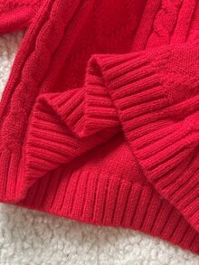 SHEIN 女嬰紅色領口針織毛衣，套頭毛衣，紅色，紋理設計，適合秋冬、節日、派對、聖誕節 - 紅色 - 查看 4
