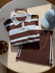 Comfortcana Women's Striped Long Sleeve Polo Collar Sweater And Knitted Skirt 2 Pieces Set - Multicolor - View 5