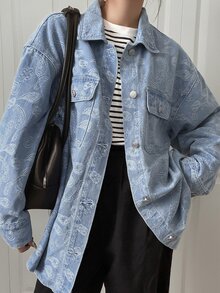 FRIFUL Women's Single-Breasted All-Over Print Casual Daily Denim Top - Blue - View 3
