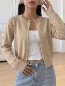 SHEIN 青少年女孩純色長袖單排扣休閒針織開襟衫 - 卡其色 - 查看 4