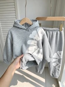 SHEIN Kids 2pcs Young Boy Style Loose Fit Letter Graphic Hoodie And Elastic Waist Autumn Winter Pants Set, - Light Grey - View 3