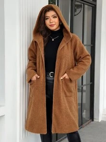 Reflora Plus Size Streetwear Long Sleeve Zip-Up Hooded Jacket With Pockets - Khaki - View 7
