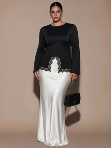 SHEIN BAE CURVE 大尺碼女款蕾絲拼接休閒日常長袖上衣 - 黑色 - 查看 2