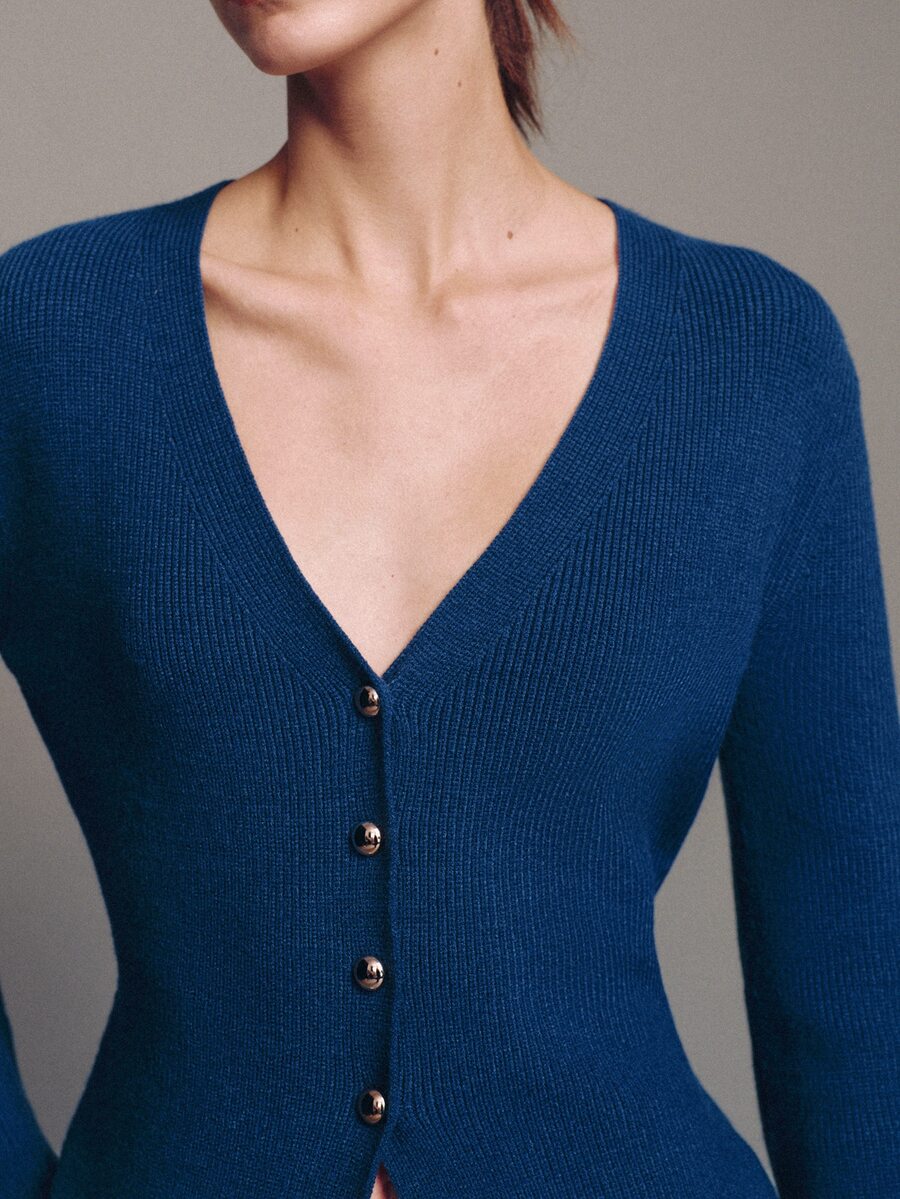 MOTF PREMIUM RED V-NECK CINCHED WAIST CARDIGAN SWEATER - Teal Blue - View 2