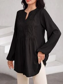 Graceveil Women's Lace Patchwork Textured Lantern Sleeve Blouse - Black - View 5