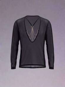 DSELFIQUE Men's Solid Color Mesh Deep V-Neck Long Sleeve Sexy T-Shirt - Black - View 2