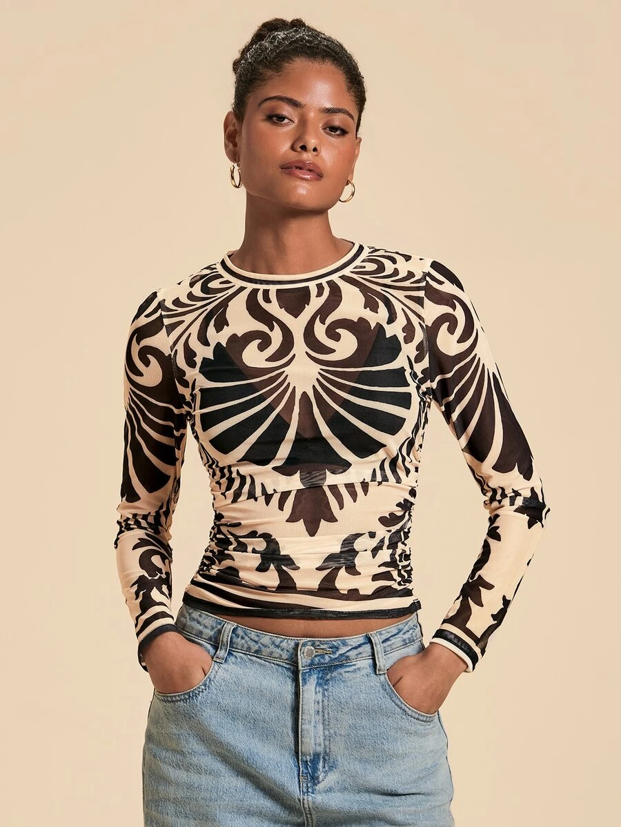 Travachic Women's All-Over Print Casual T-Shirt Daily Long Sleeve Top For Autumn Outfit,Holiday Night Out,Date,Going Out Tops,Y2K,Autumn,Halloween - Multicolor - View 1