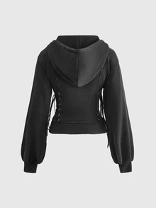 ROMWE Street Life Dark Grey Street Style Slimming Hooded Sweatshirt With Letter Patch Embroidery For Women - Dark Grey - View 2
