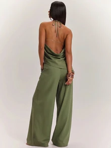 SHEIN BAE 純色掛脖露背上衣搭配寬腿褲時尚性感套裝 - 綠色 - 查看 2