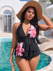 Swim Mod 2026 New Spring/Summer Leopard Print Random Pattern V-Neck Halter Top With Flared Hem And High-Waist Triangle Bikini Bottoms, Plus Size Women's Tank-Style Bikini Set For Summer Beach And Vacation - Black - View 3