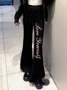 FRIFUL Women's Letter Print Drawstring Waist Casual Flare Leg Pants Fall - Black - View 4
