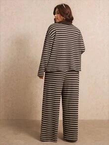 Elaquor Plus Size Women's Striped Equestrian Pattern Long Sleeve Top And Pants Casual Daily 2 Pieces Set - Multicolor - View 2
