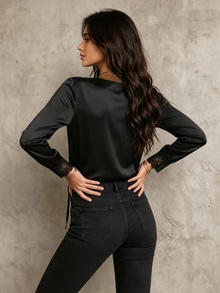 SHEIN New Autumn/Winter Black Lace Long Sleeve Blouse For Women - Black - View 2