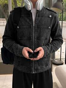 DAZY Jaket Denim Hitam Bergaya Dicuci dengan Kancing Logam Dekoratif untuk Pria, Cocok untuk Musim Semi/Gugur - Hitam - View 4