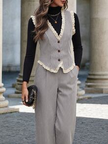 Editum Women's Button Lace Patchwork Vest Jacket And Striped Long Pants Suit Set - Multicolor - View 5