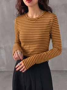 DAZY 女款 Y2K 灰色純色圓領修身長袖寬條紋休閒日常百搭修身打底 T 恤，適合夏季 - 黃色 - 查看 5