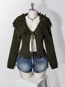 SHEIN ICON Plus Size Y2K Knit Top With Turn-Down Collar, Fur Trim And Tassel - Army Green - View 3