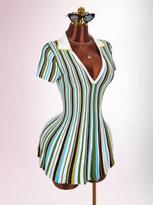 Amplova Colorblock Striped Polo Collar Cinched Waist A-Line Knit Mini Dress - Multicolor - View 6