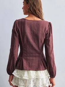 Willow Rêve Women's Brown Jacquard Woven Fabric Contrast Lace Trim Puff Long Sleeve Blouse - Brown - View 2