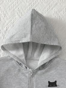 SHEIN Genkimix Kids 女童貓咪圖案拉鍊連帽外套與寬腿運動長褲2件套，休閒寬鬆運動休閒服 - 灰色 - 查看 7