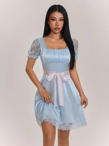 SHEIN PETITE Women's Pleated Square Neck Contrast Lace Short Sleeve Elegant Dress - Baby Blue - View 3