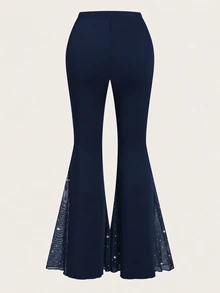 Sweetra Plus Size Women's Solid Color Casual Daily Flare Pants - Navy Blue - View 2