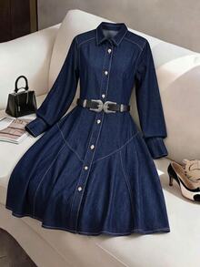 GlowEve Women's Long Sleeve Single-Breasted Casual Denim Shirt Dress - Blue - View 1