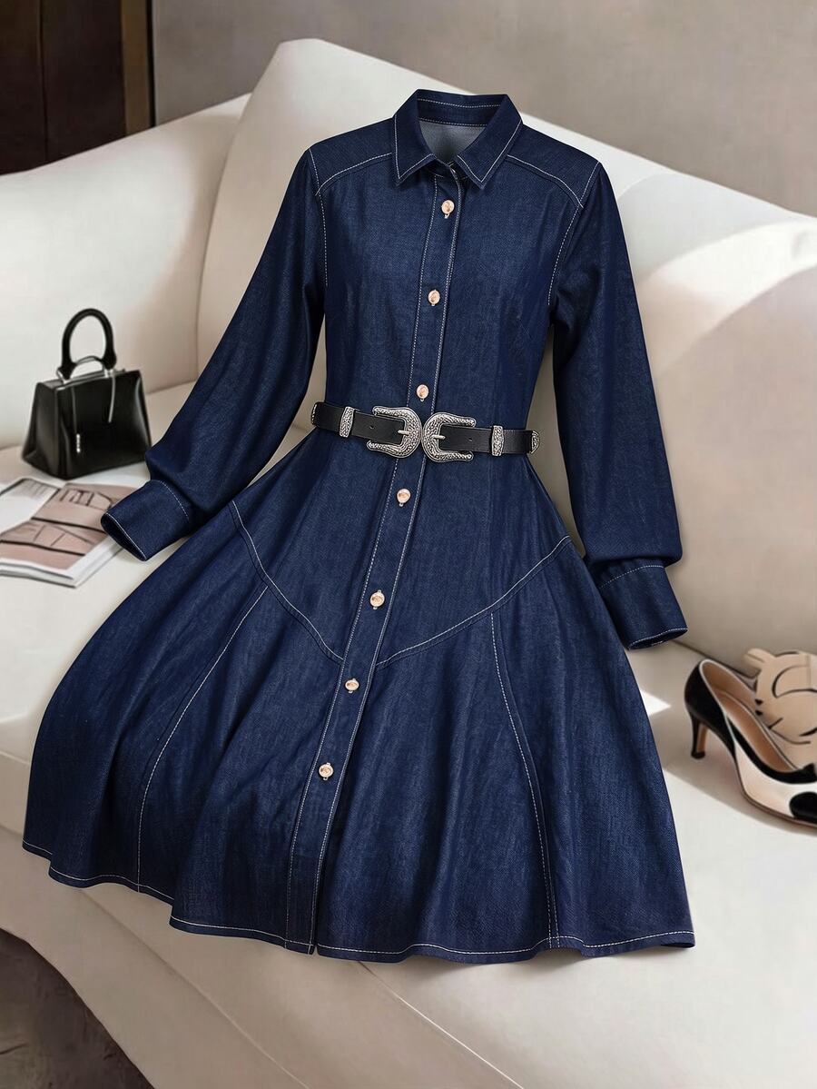 GlowEve Women's Long Sleeve Single-Breasted Casual Denim Shirt Dress - Blue - View 1