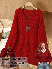 Rusticease Plus Size Red Cable Knit V Neck Long Sleeve Sweater Cozy Casual Fall Winter 2026 - Red - View 2