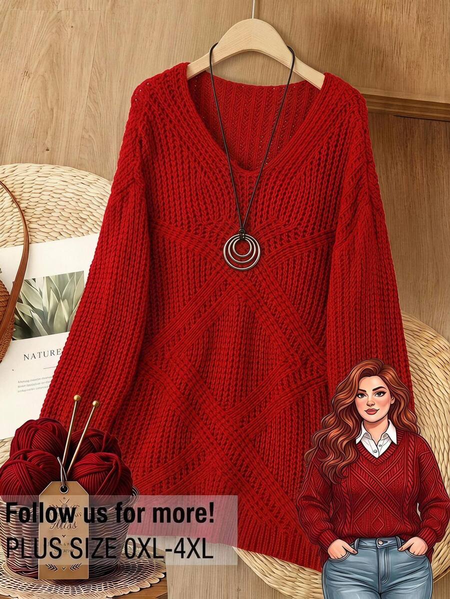 Rusticease Plus Size Red Cable Knit V Neck Long Sleeve Sweater Cozy Casual Fall Winter 2026 - Red - View 1