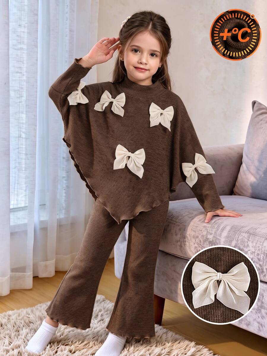 SHEIN Playful Pals 2pcs Young Girl Retro Bowknot Trim Rib Knit Asymmetrical Poncho Flare Pants Fleece Thick T Shirt Pants Set Family Gathering Fall Style - Brown - View 1