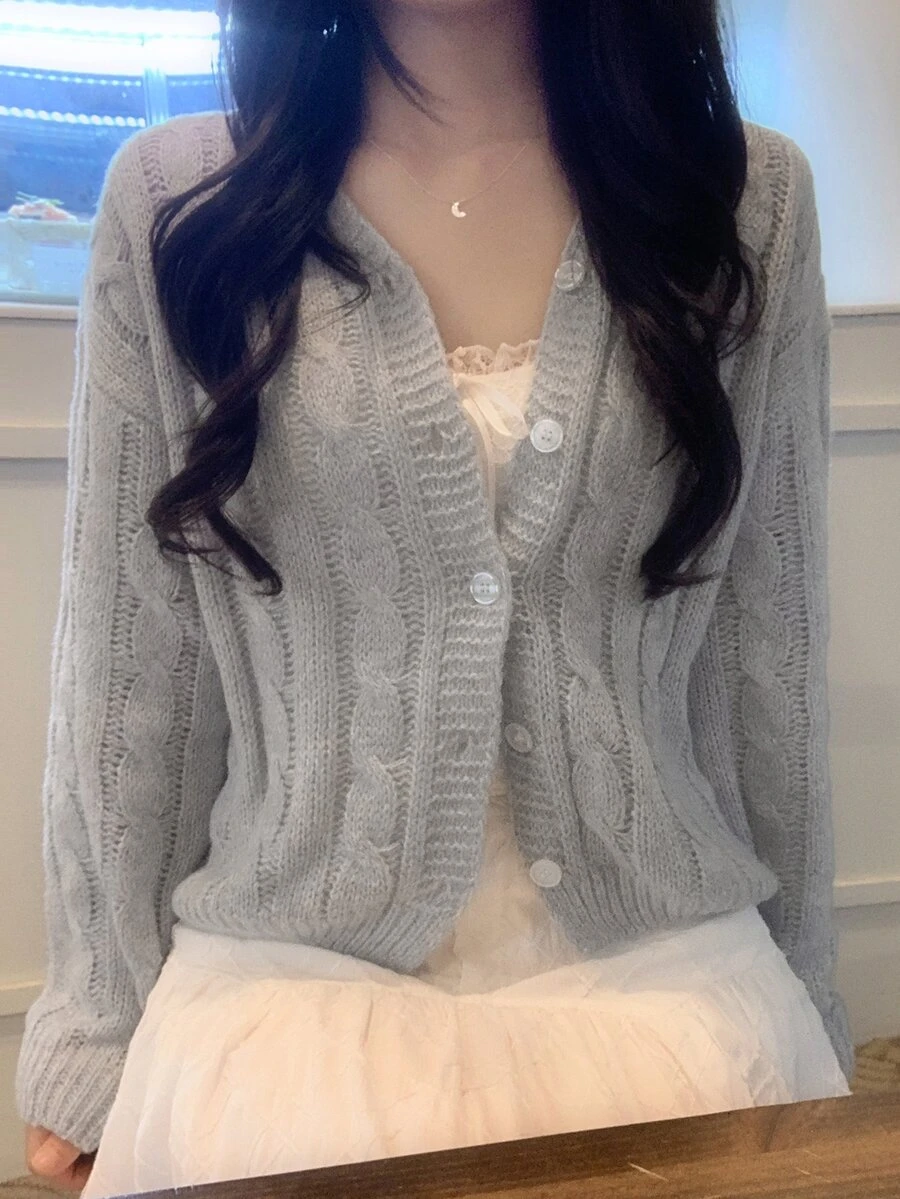 DAZY Solid Color Loose V-Neck Long Sleeve Casual Vacation Korean Style Autumn/Winter Knit Sweater For Women - Grey - View 1