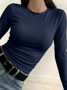 DAZY 女款純色圓領長袖休閒極簡百搭萬用T恤 辦公穿搭 海軍藍 秋季 - 藏蓝色 - 查看 5