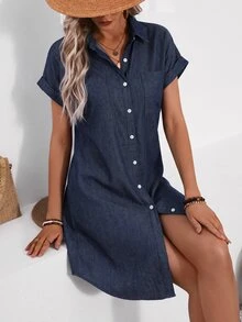 Breezaya Women's Urban Pocket Button Denim Dress - Blue - View 8