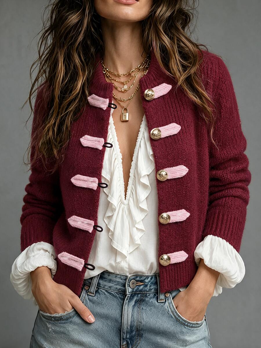 SHEIN جاكيت صوف محبوك نسائي بتصميم صيني حديث للخريف والشتاء، بأزرار على شكل ضفدع، ياقة ماندارين، أكمام طويلة، بقصة قصيرة مفصلة - عنابي اللون - مشاهدة 1