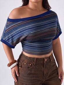 LYSMO Plus Size Women's Striped Asymmetrical Shoulder Batwing Short Sleeve Cropped Casual T-Shirt - Navy Blue - View 3