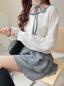 FRIFUL Women's Tie Design Contrast Trim Long Sleeve Hollow Out Versatile Sweater - Apricot - View 6