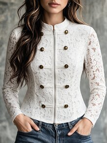 Velvienne Women's Plus Size Elegant Blouse With Patchwork And Frog Button Design, Suitable For Outings, Gatherings And Parties - White - View 6