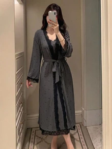 DAZY Lace Patchwork Camisole Long Dress Cardigan Long Robe Women's Pajama Set - Dark Grey - View 1