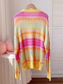 Comfortcana 女款條紋圓領長袖休閒寬鬆毛衣 冬季衣著 2000年代風格上班上衣 - 彩色 - 查看 7