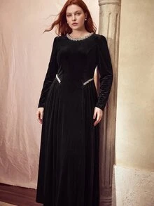 MOTF PREMIUM WOMEN'S PLUS SIZE PATCHWORK RHINESTONE TRIM LONG SLEEVE ELEGANT DRESS - Black - View 2