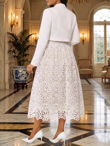 Fleurora Women's Round Neck Sleeveless Lace Waist-Cinching Dress And Solid Color Single-Breasted Long Sleeve Jacket 2 Pieces Set - White - View 2